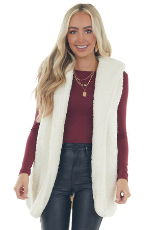 Cream Soft Sherpa Hooded Vest with Pockets
