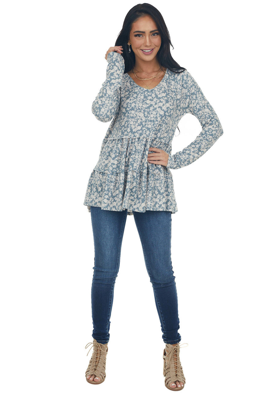 Sea Blue Floral Tiered Super Soft Knit Top