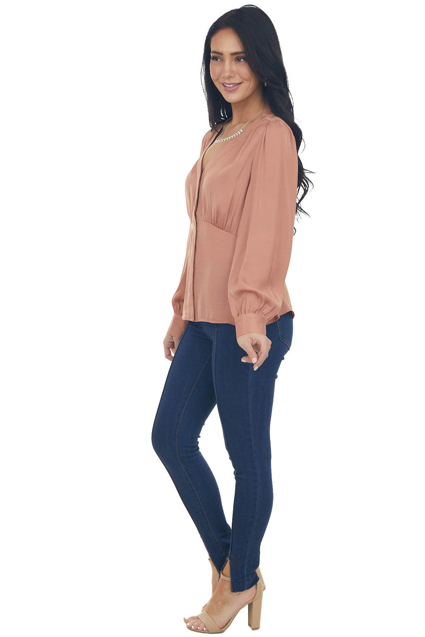 Dusty Apricot V Neck Drop Waist Satin Blouse