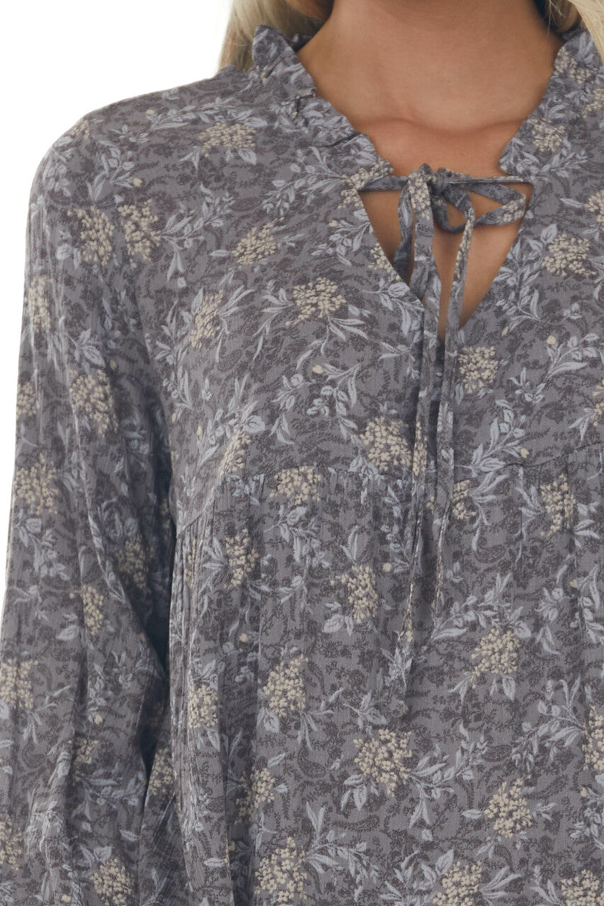 Steel Grey Floral Print Long Sleeve Mini Dress