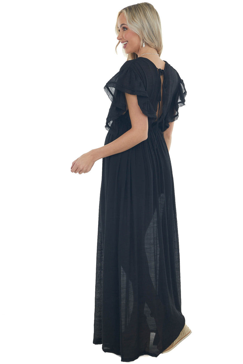 Black Button Front Plunging V Neck Maxi Dress 