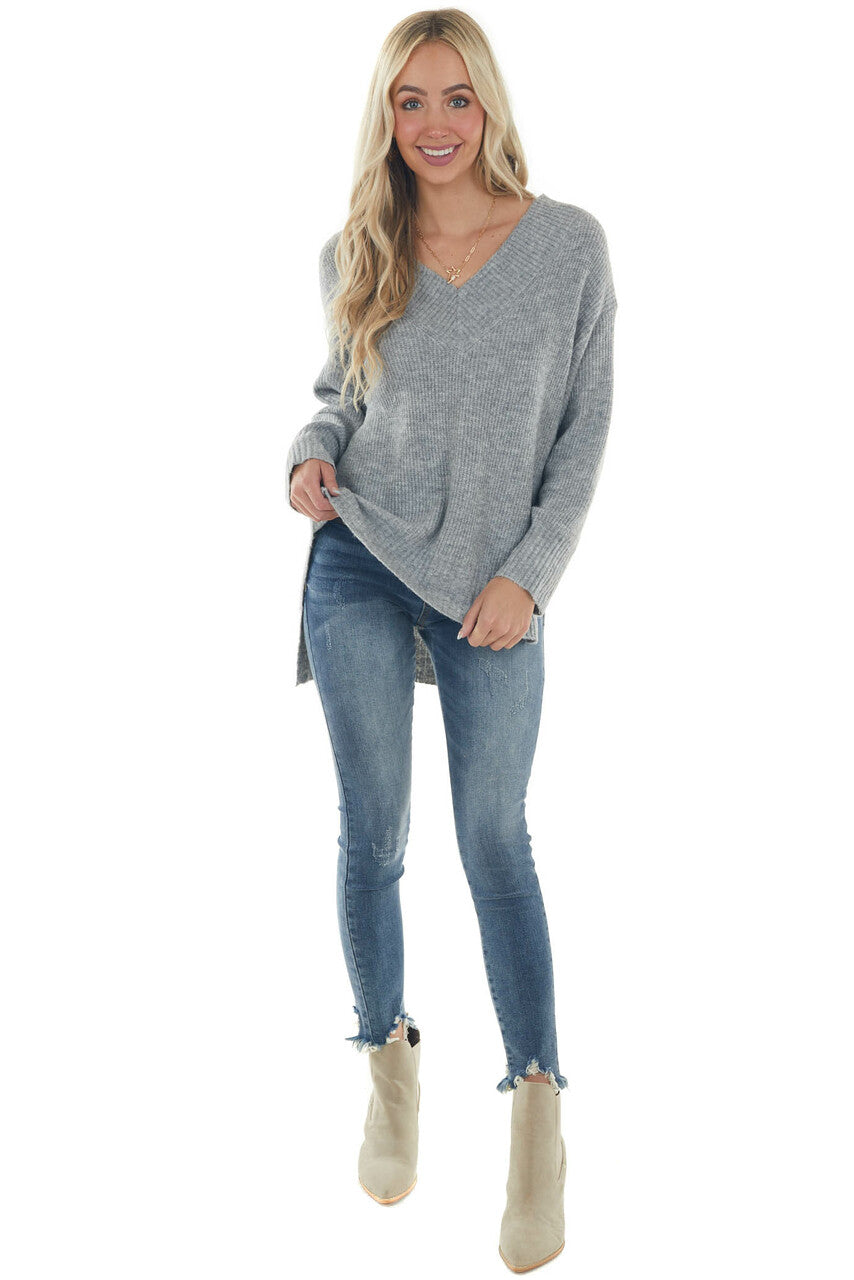 Dove Grey V Neck High Low Hem Ribbed Sweater