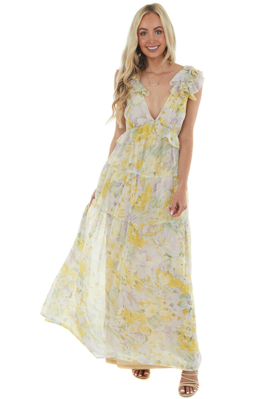 Pastel Yellow Floral Open Back Maxi Dress