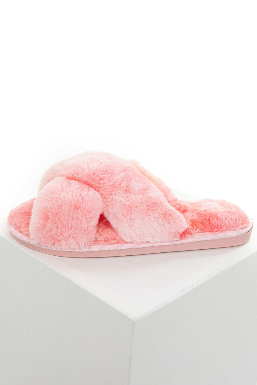 Pink Tie Dye Soft Fuzzy Slippers with Criss Cross Straps 