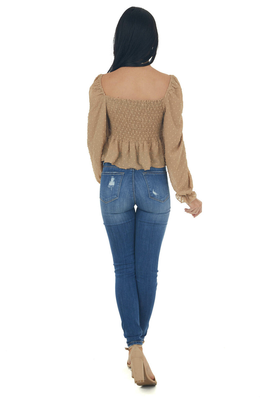 Latte Swiss Dot Front Ruching Woven Blouse 