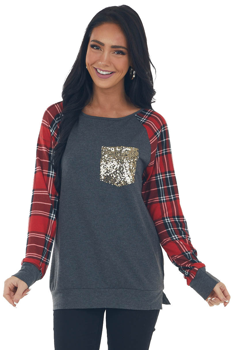 Graphite and Ruby Plaid Sequined Knit Top