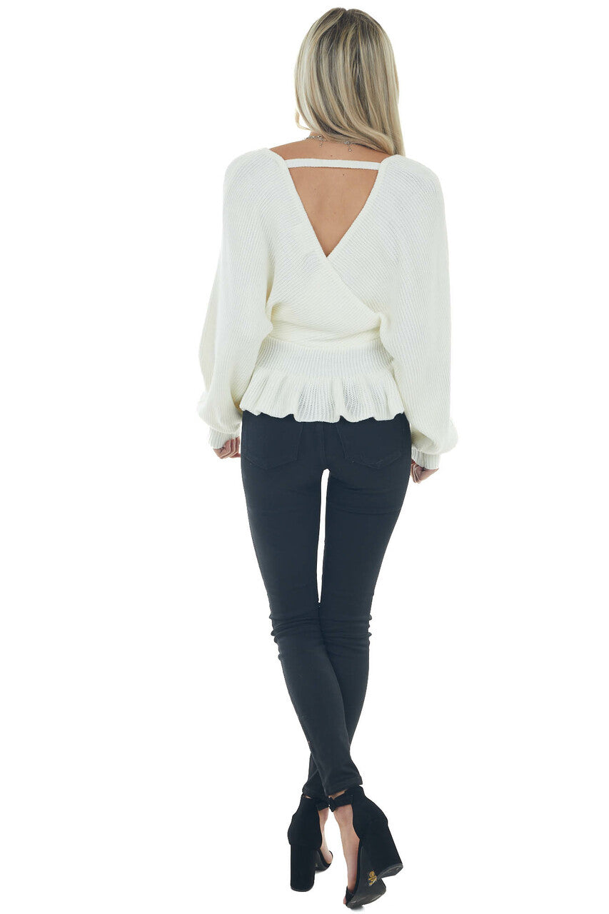 Ivory Surplice Neckline Peplum Sweater 