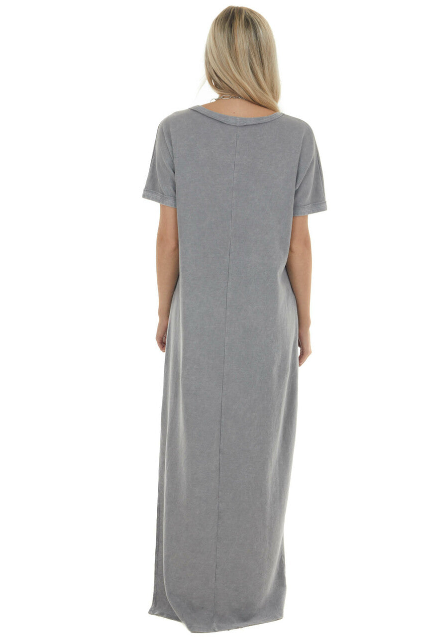 Steel Short Sleeve V Neck Maxi Tee Shirt Dress 