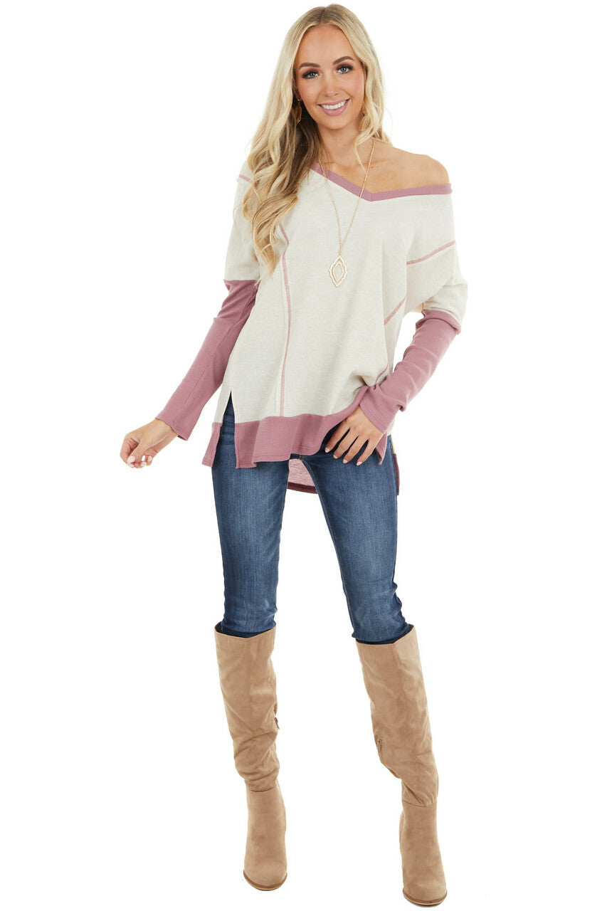 Cream and Mauve Contrast Waffle Knit V Neck Top