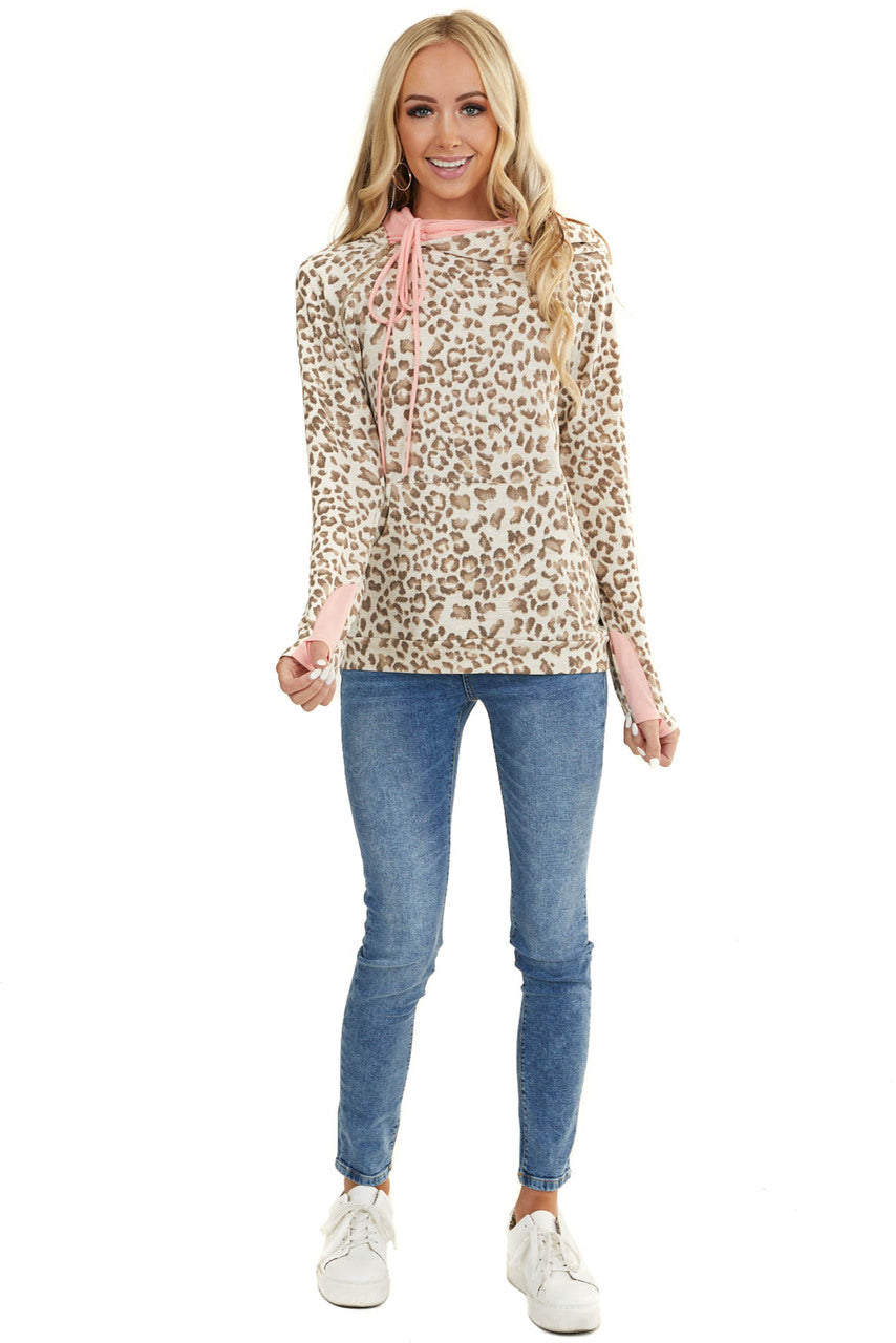 Ivory Leopard Hoodie with Pink Contrast and Side Zipper 