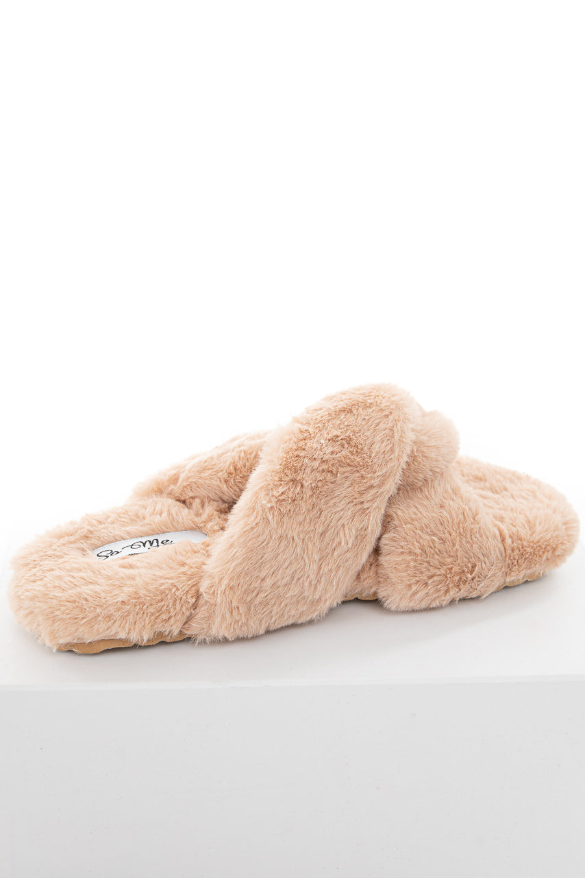 Desert Sand Fuzzy Sandal Slippers with Criss Cross Details