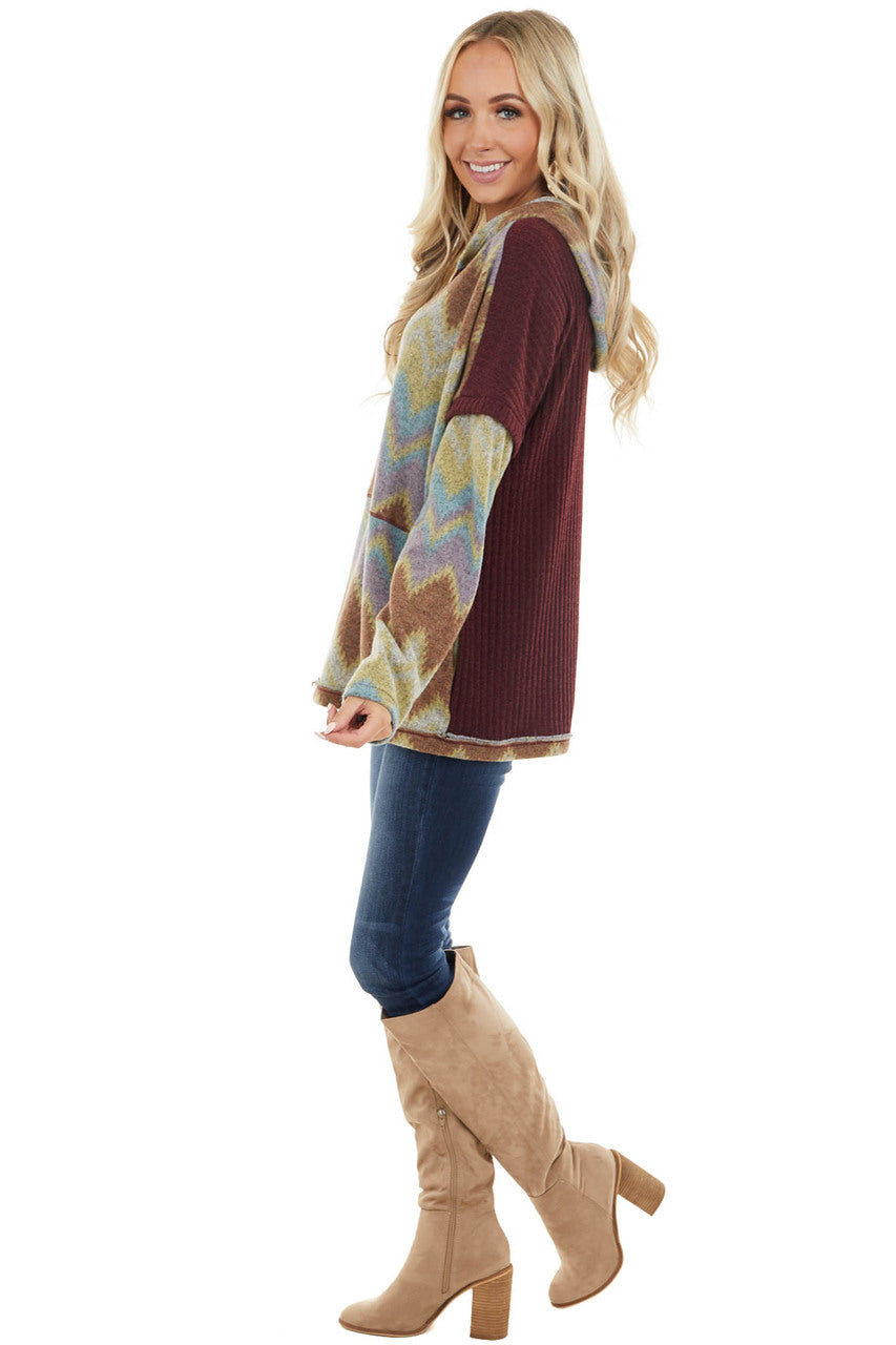 Mahogany Aztec Print Long Sleeve Top with Hood and Pockets