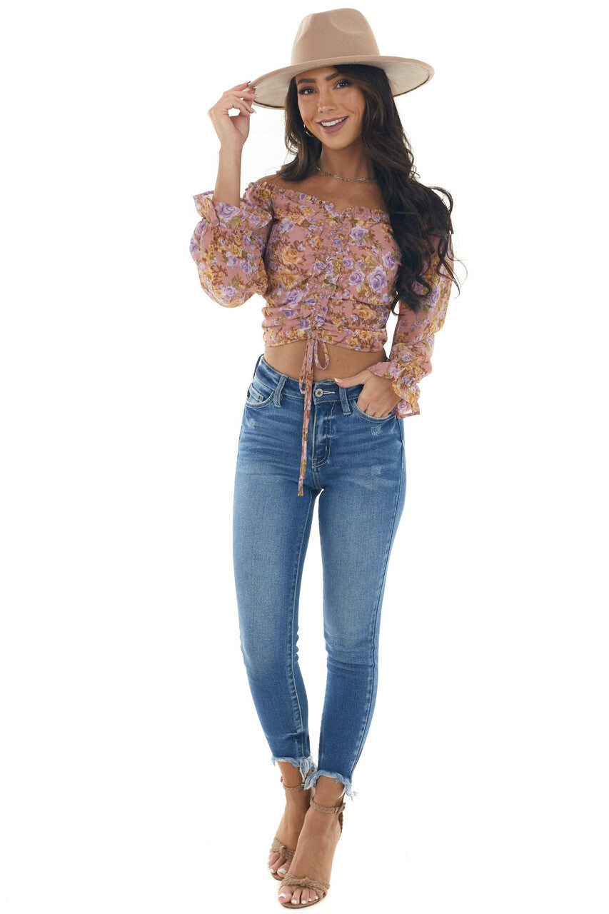 Dusty Rose Floral Print Ruched Front Crop Top