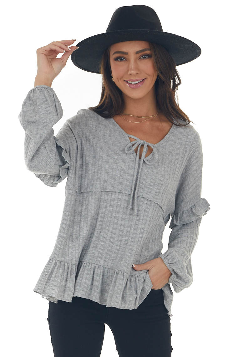 Dove Grey Ribbed Knit Long Sleeve Ruffle Top with Front Tie