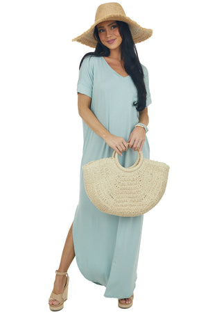 Mint Short Sleeve Maxi Dress with Side Slits 