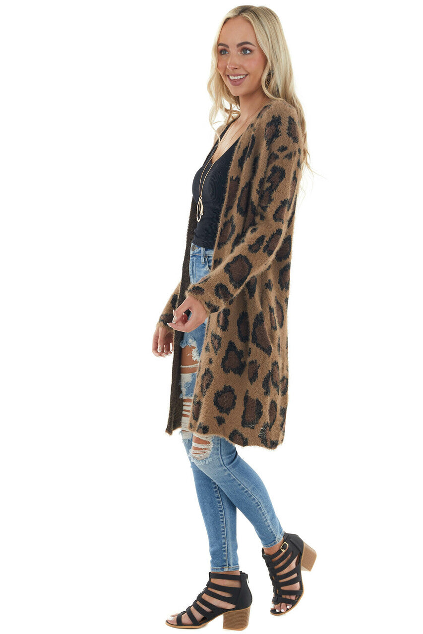 Dark Latte Leopard Print Fuzzy Cardigan