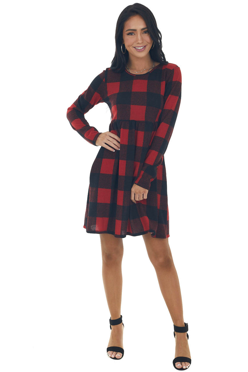 Cranberry Buffalo Plaid BabyDoll Short Dress