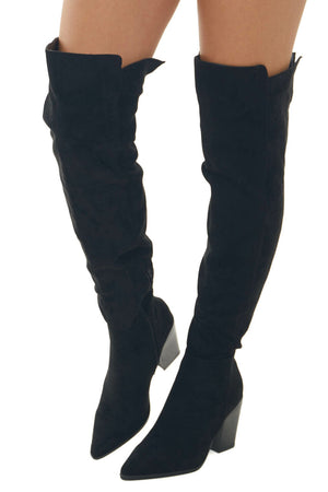 Black Suede Over the Knee Block Heel Boots