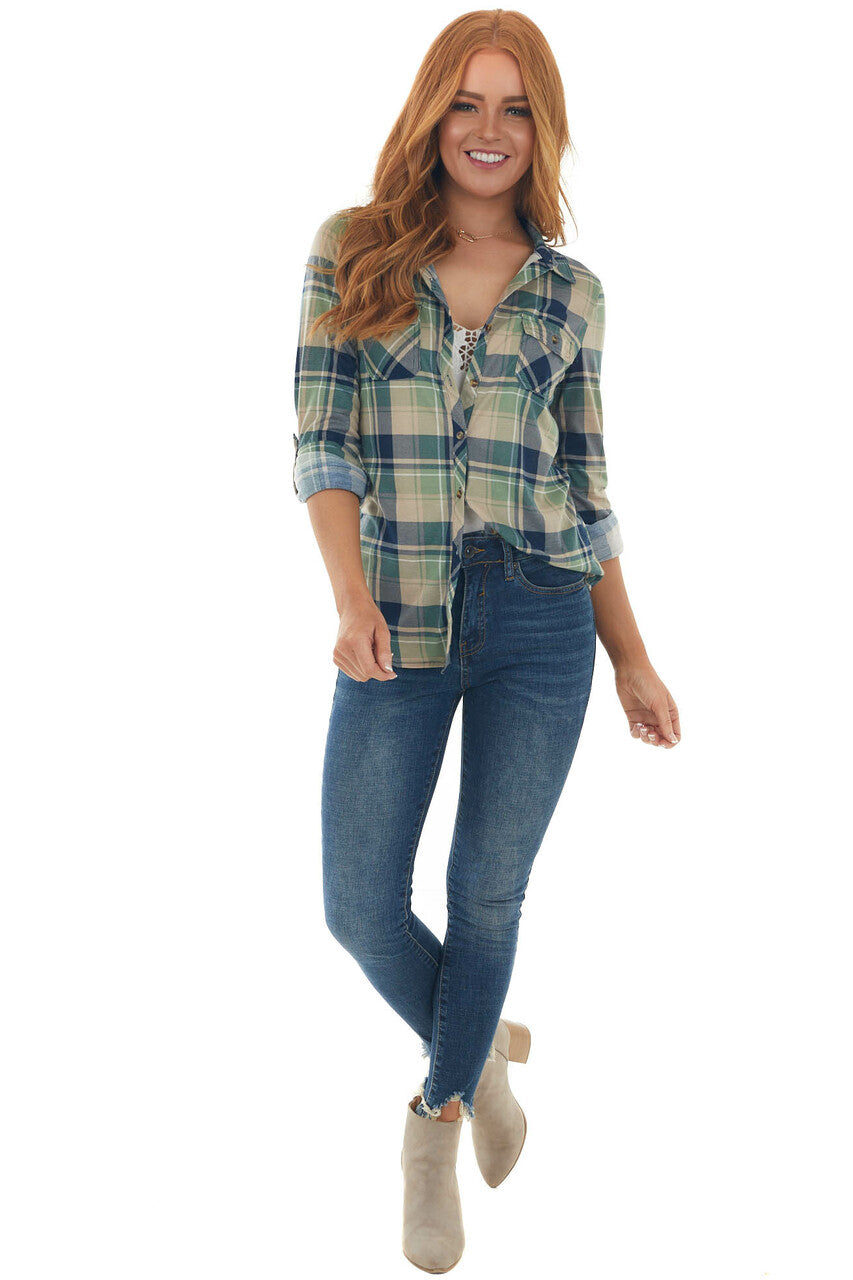 Pistachio and Navy Plaid Top with Chest Pocket 