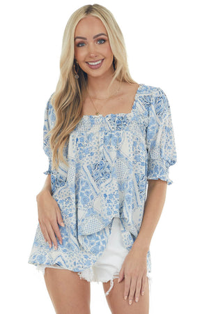 Ivory and Powder Printed Square Neck Blouse