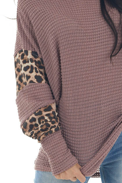 Rose Taupe and Leopard Dolman Sleeve Waffle Knit Top