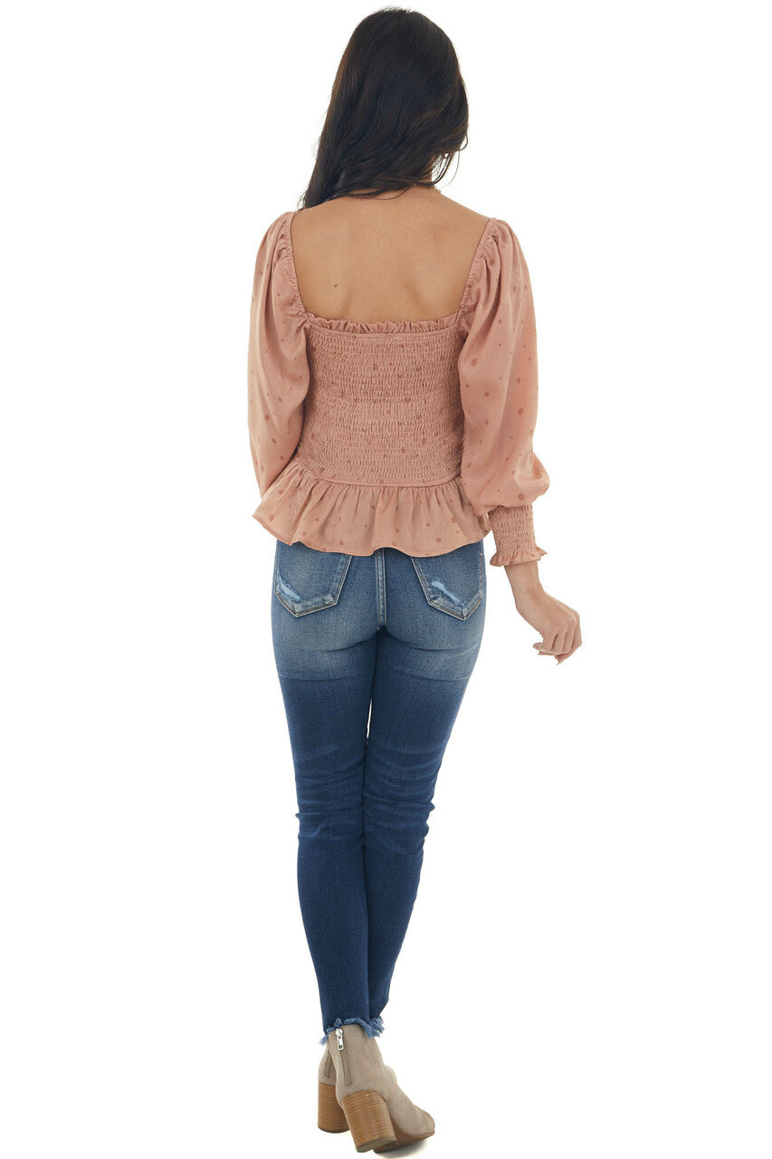 Dark Coral Dotted Smocked Bodice Peplum Blouse