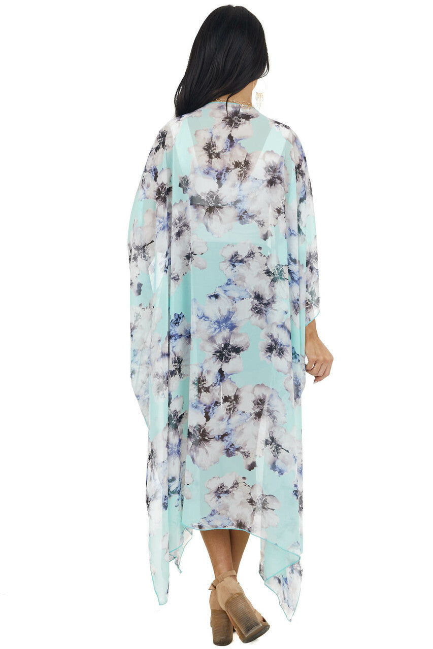 Mint Floral Print Short Sleeve Kimono with Side Slits