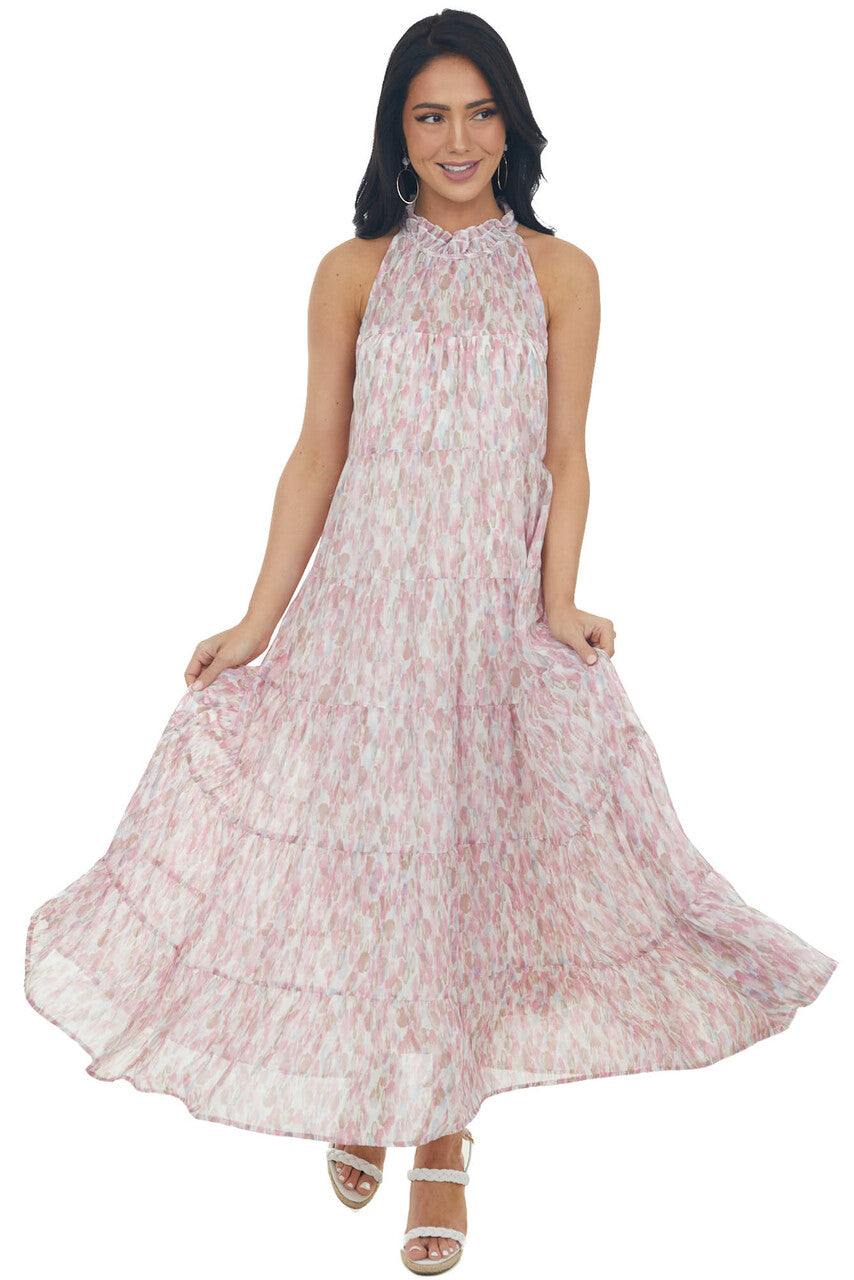 Mulberry Printed Halter Neck Tiered Midi Dress