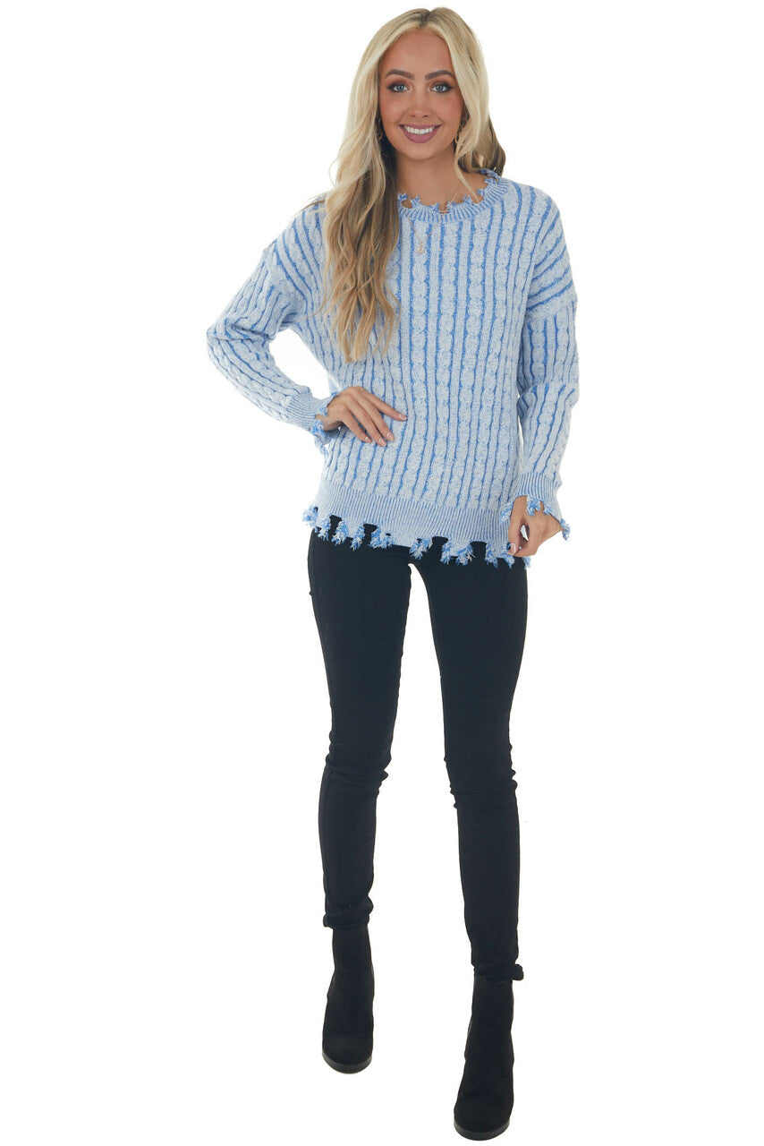 Blue Cable Knit Distressed Trim Sweater