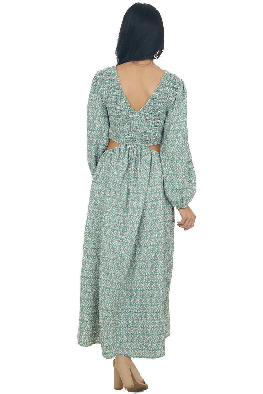 Hazy Jade Floral Print Side Cut Out Maxi Dress