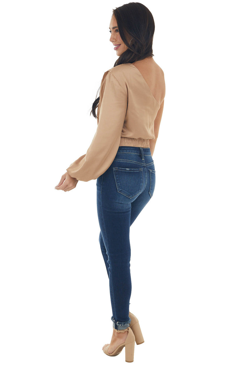 Nude One Shoulder Satin Crop Blouse with Lace 