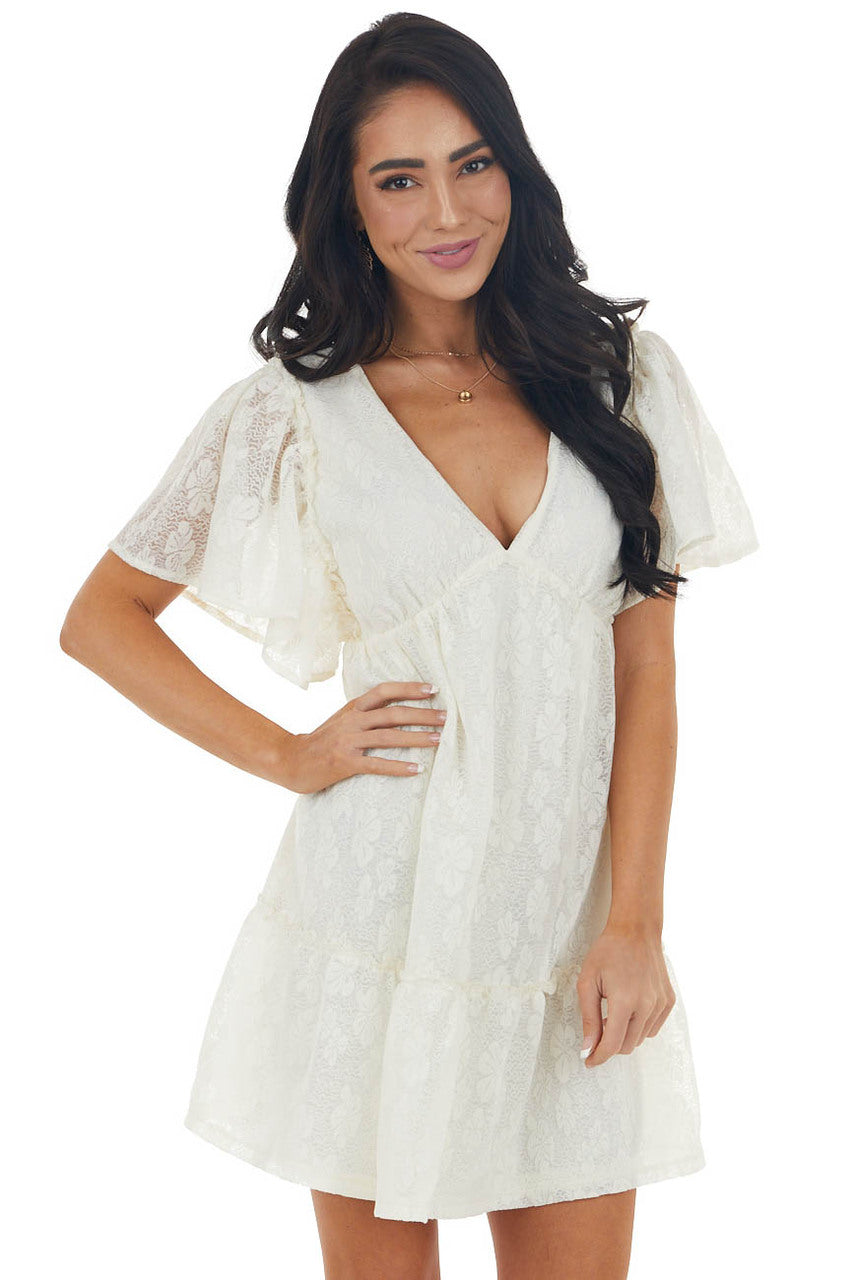 Cream Lace Mini Babydoll Dress with Open Back