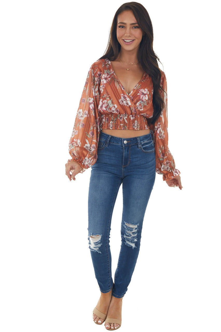 Tawny Floral Surplice Cropped Satin Blouse 