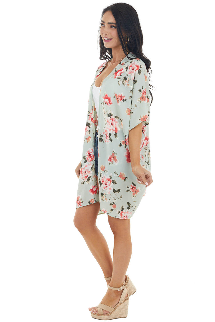 Pale Mint Floral Open Front Kimono with Back Cut Out Detail