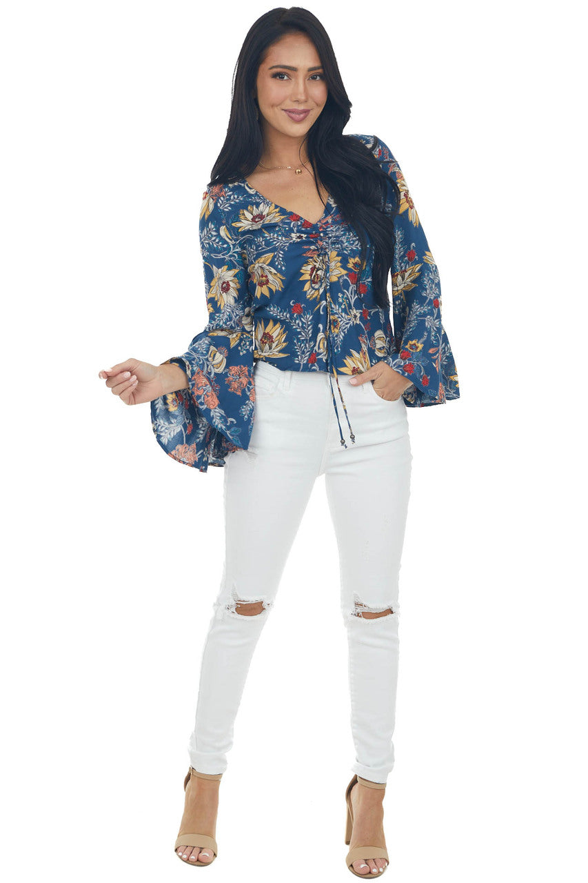 Navy Floral Print Blouse with Long Sleeves