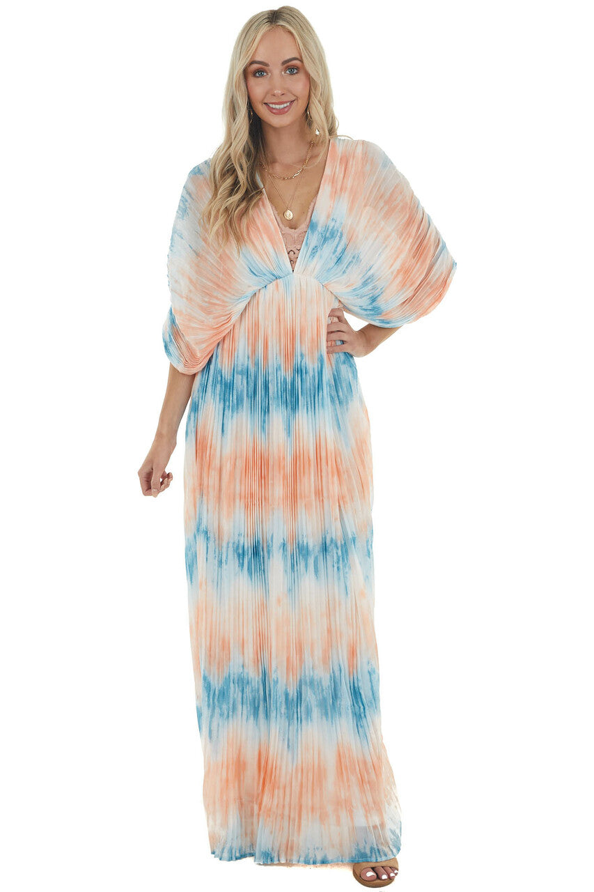 Cobalt and Salmon Tie Dye Pleated Woven Maxi Dress