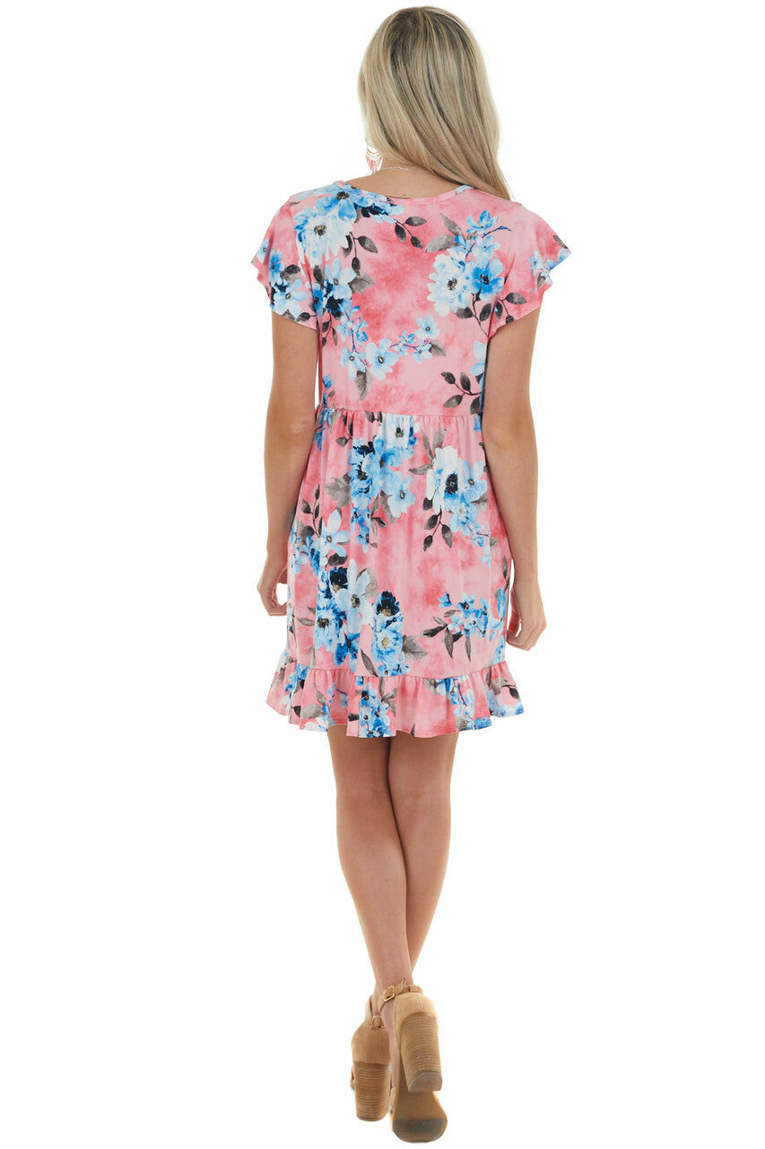 Watermelon Floral Short Dress with Pockets