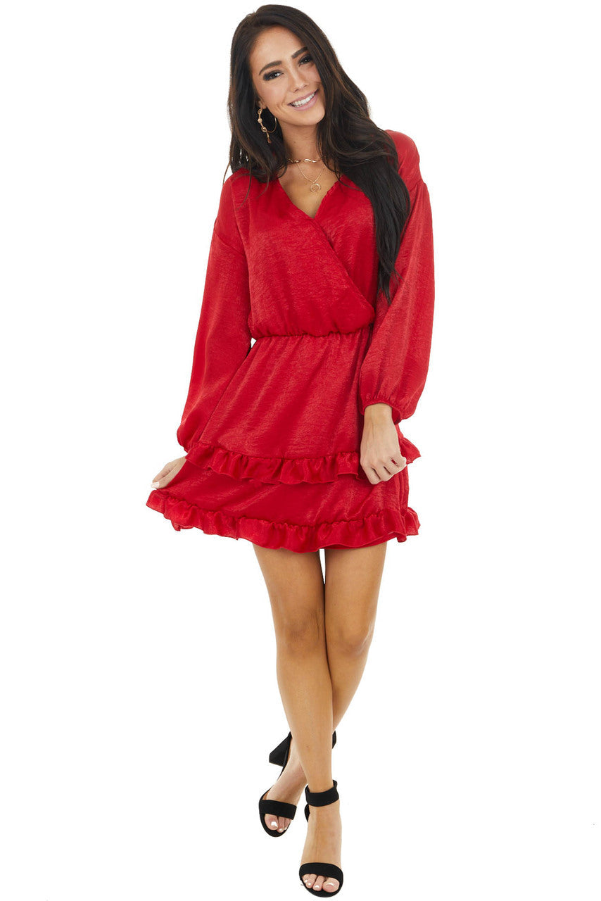 Cherry Surplice Ruffled Satin Mini Dress with Elastic Waist