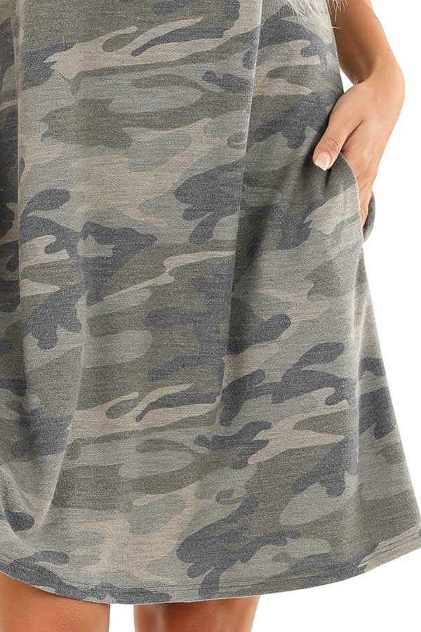 Olive Camo Print Mini Dress with Keyhole Back and Pockets detail