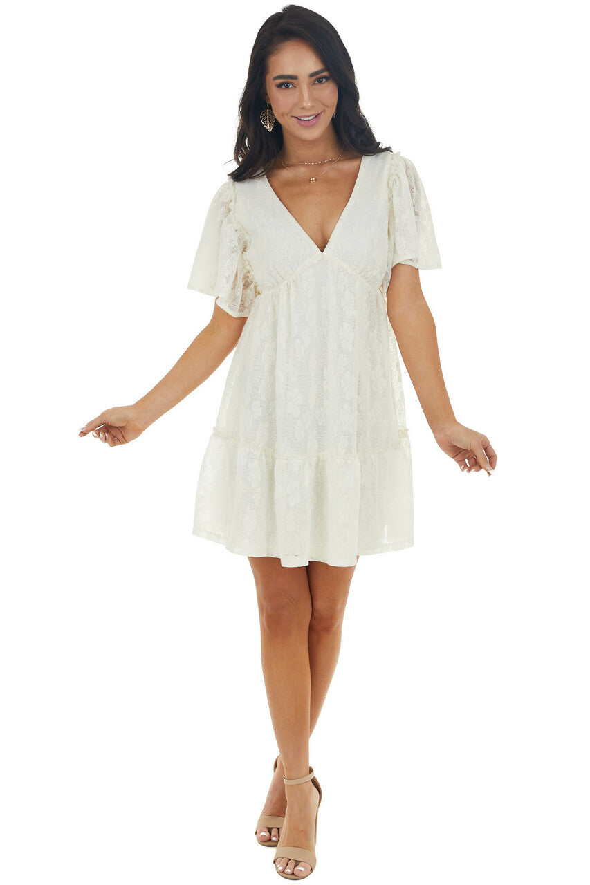 Cream Lace Mini Babydoll Dress with Open Back