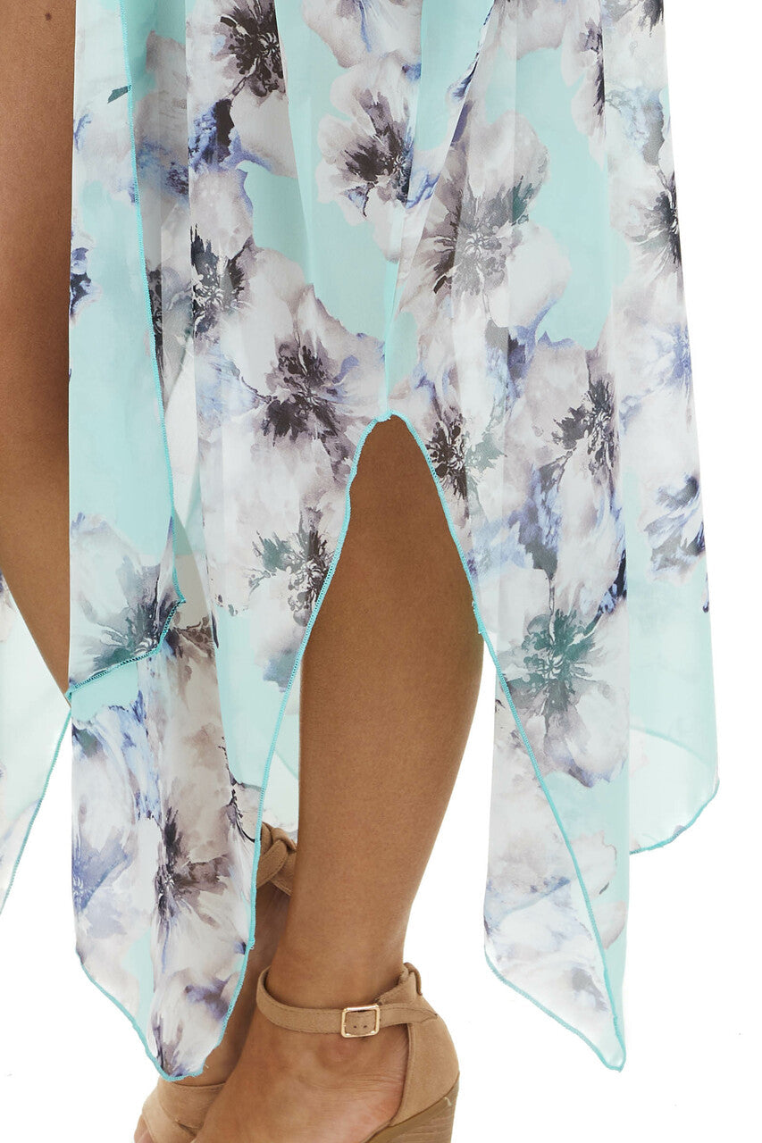 Mint Floral Print Short Sleeve Kimono with Side Slits