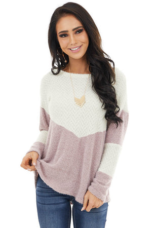 Mauve and Cream Colorblock Sweater with Loose Knit Detail 