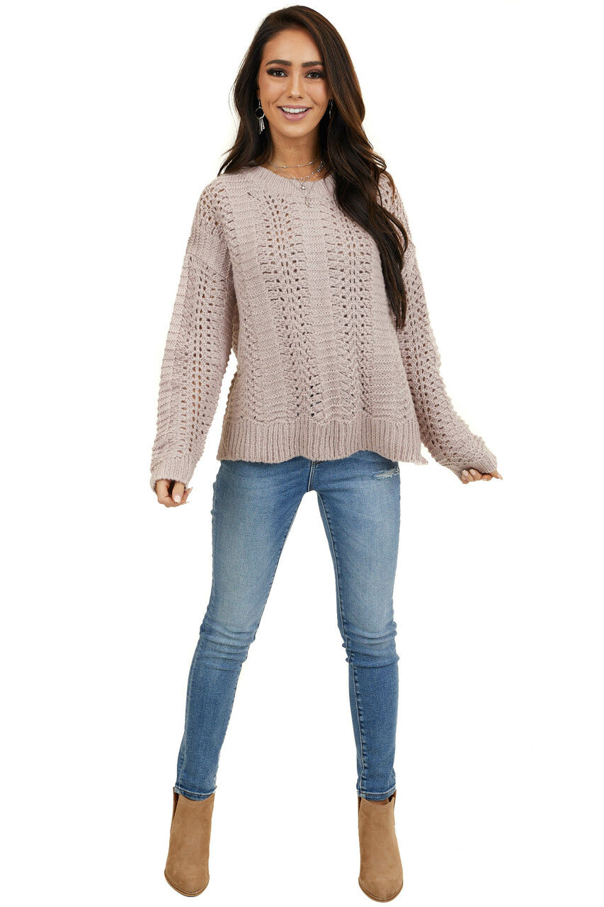 Light Mauve Loose Knit Fuzzy Sweater with Ribbed Trim