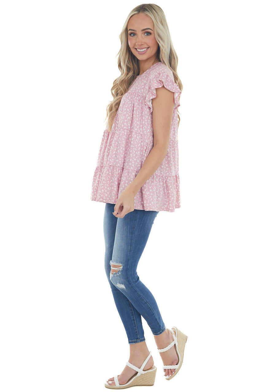 Baby Pink Ditsy Floral Print Short Sleeve Top