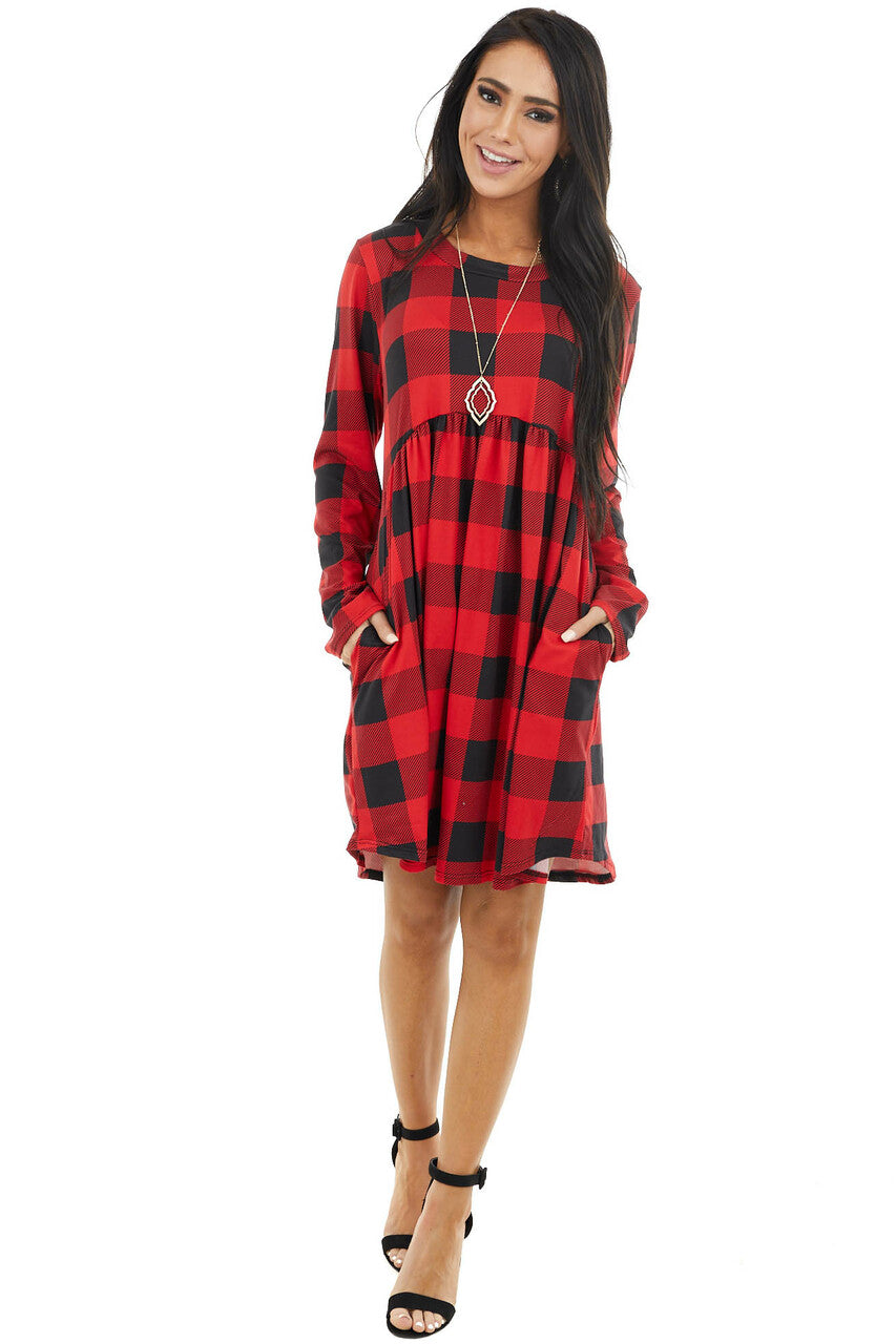 Ruby Red Buffalo Plaid Print Knit Long Sleeve Babydoll Dress