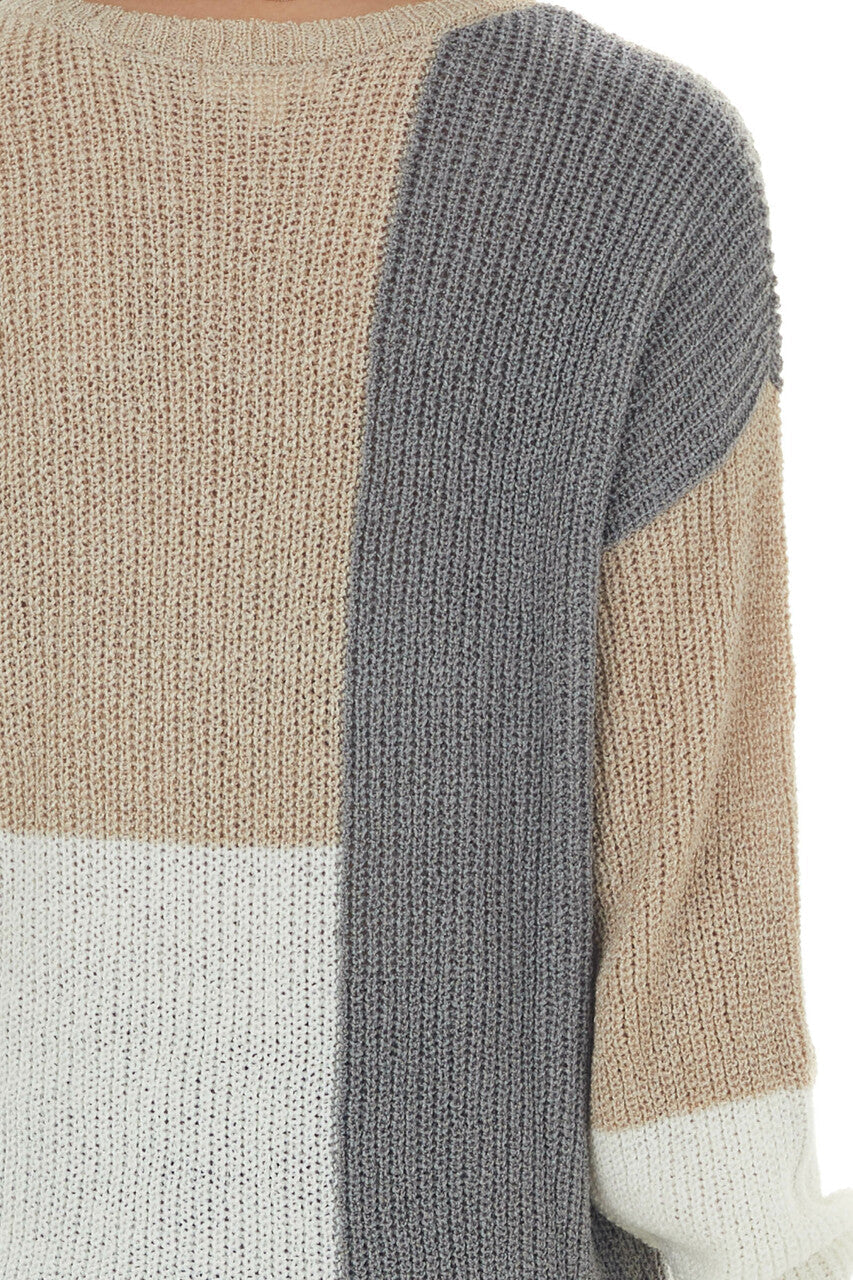 Beige Colorblock Long Sleeve Knit Sweater 
