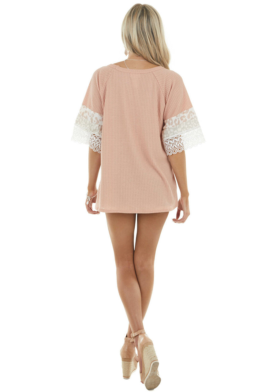 Apricot Leopard Print Short Sleeve Waffle Knit Top with Lace 