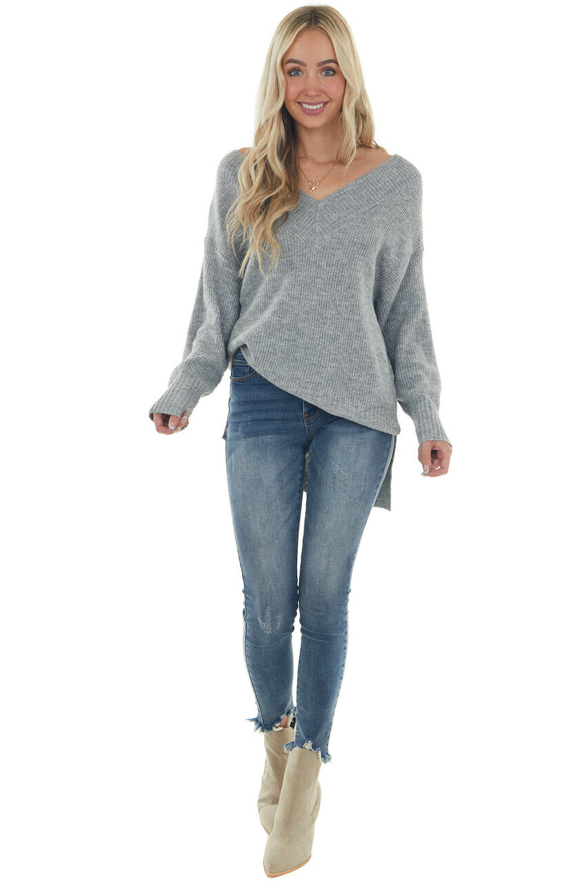 Dove Grey V Neck High Low Hem Ribbed Sweater