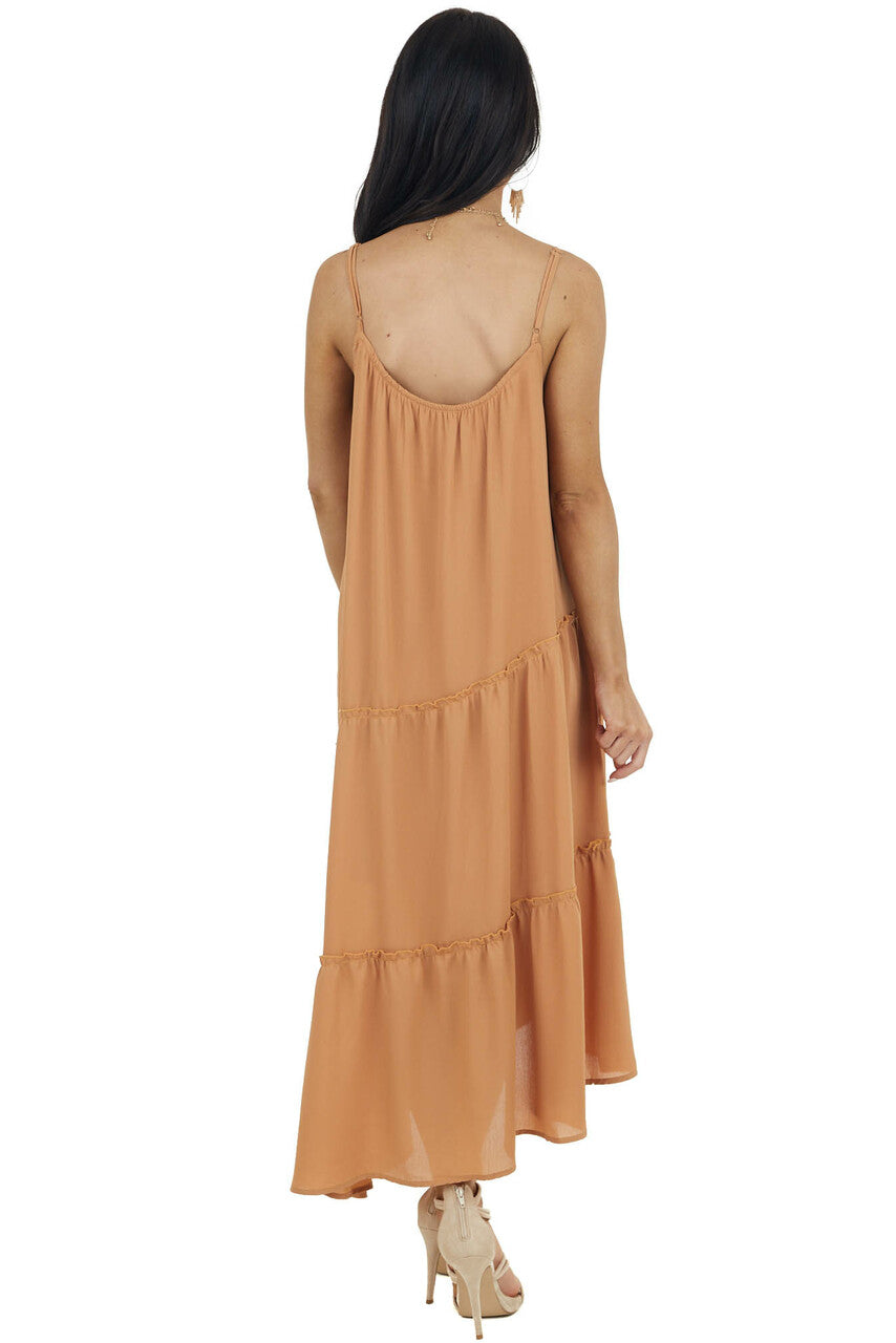 Caramel Asymmetrical Spaghetti Strap Tiered Midi Dress 