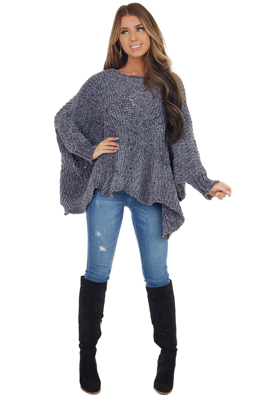 Slate Blue Chenille Knit Sweater with Long Dolman Sleeves